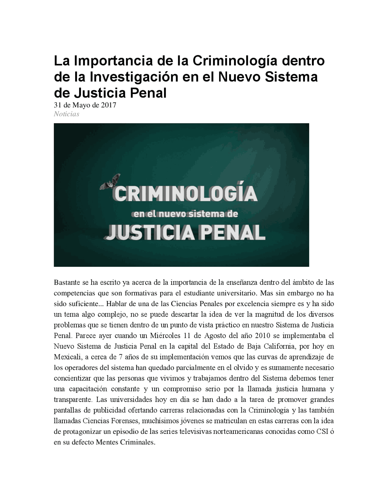 La Importancia de la Criminología en la Investigación del Nuevo Sistema ...
