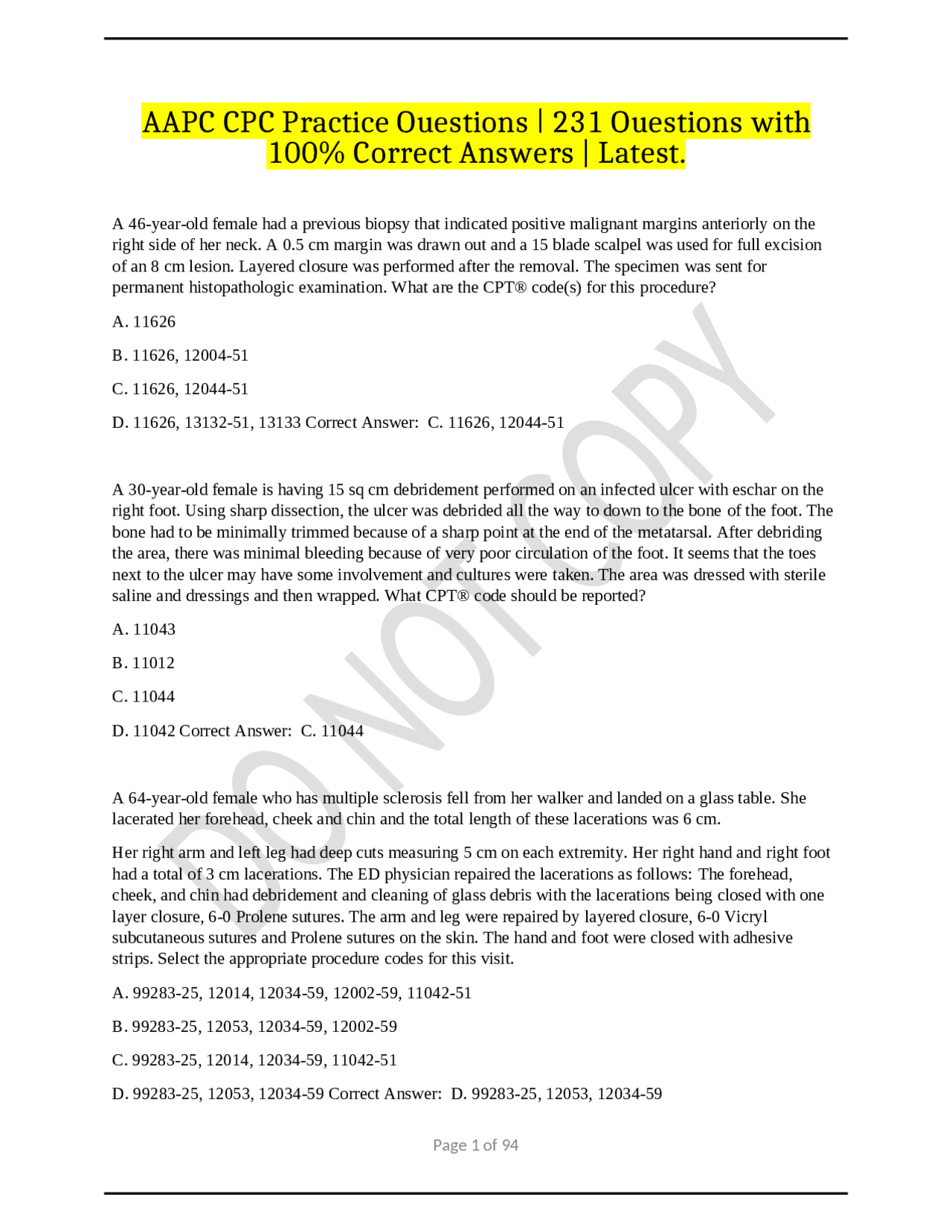 AAPC CPC Practice Questions | 231 Questions with 100% Correct Answers ...