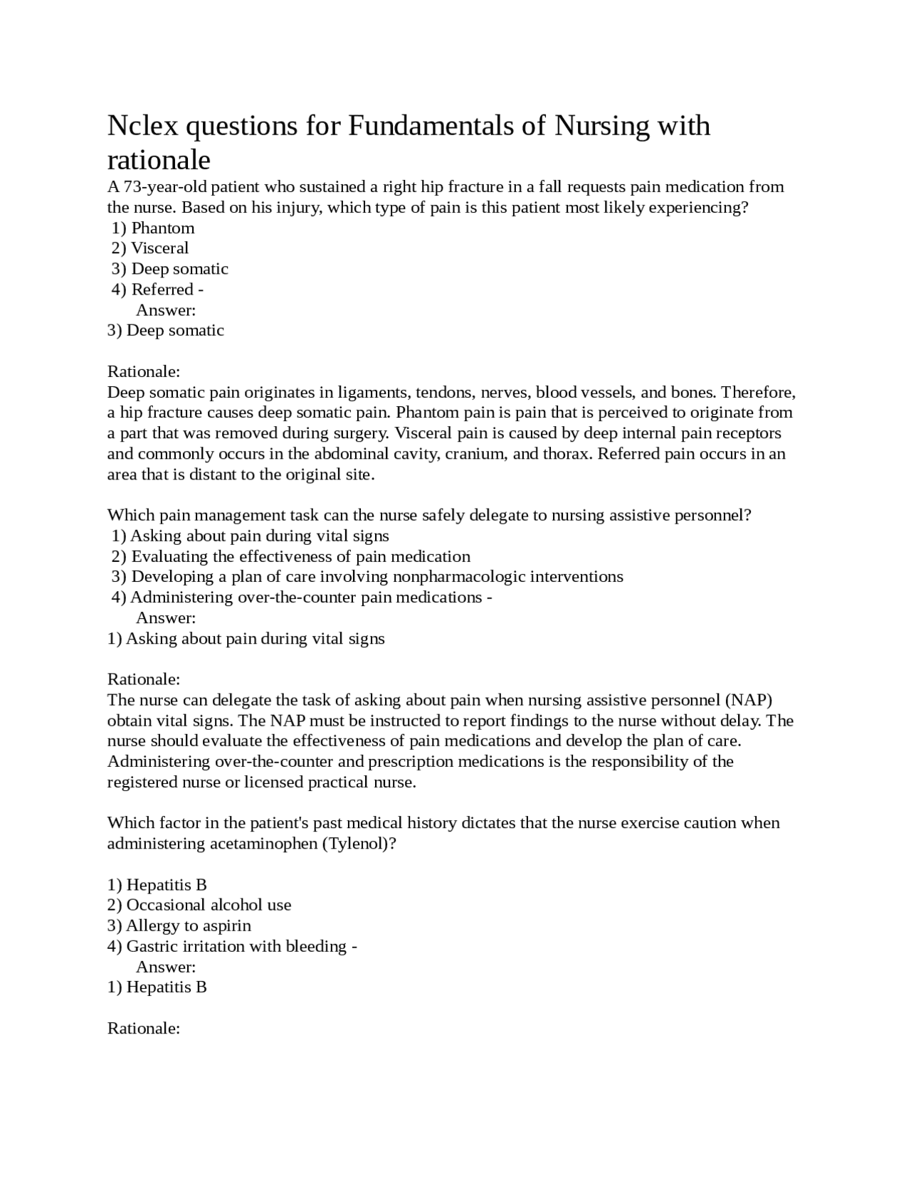 Nclex questions for Fundamentals of Nursing with rationale | Exams Nursing | Docsity