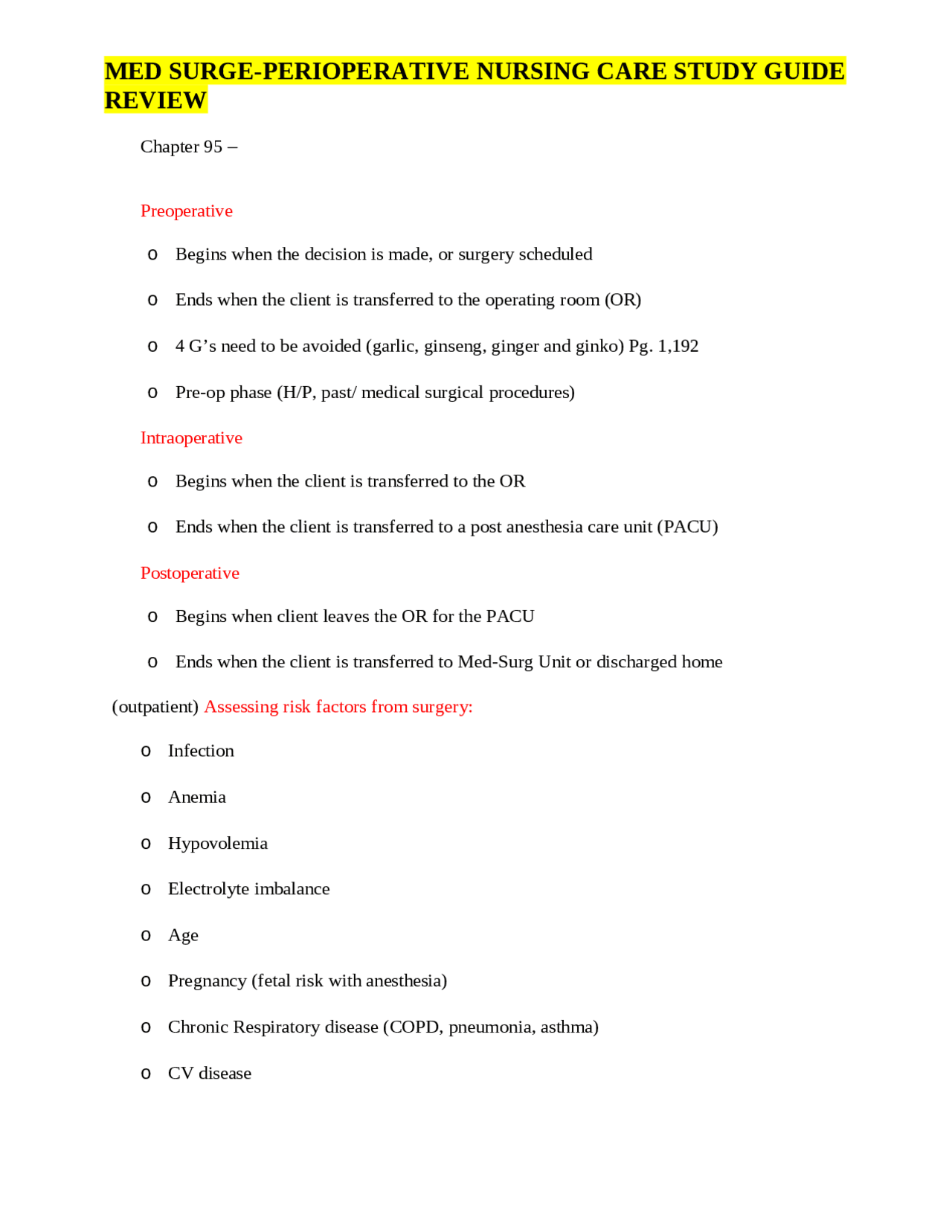 Med Surge-Perioperative Nursing Care Study Guide Review | Exams Nursing ...
