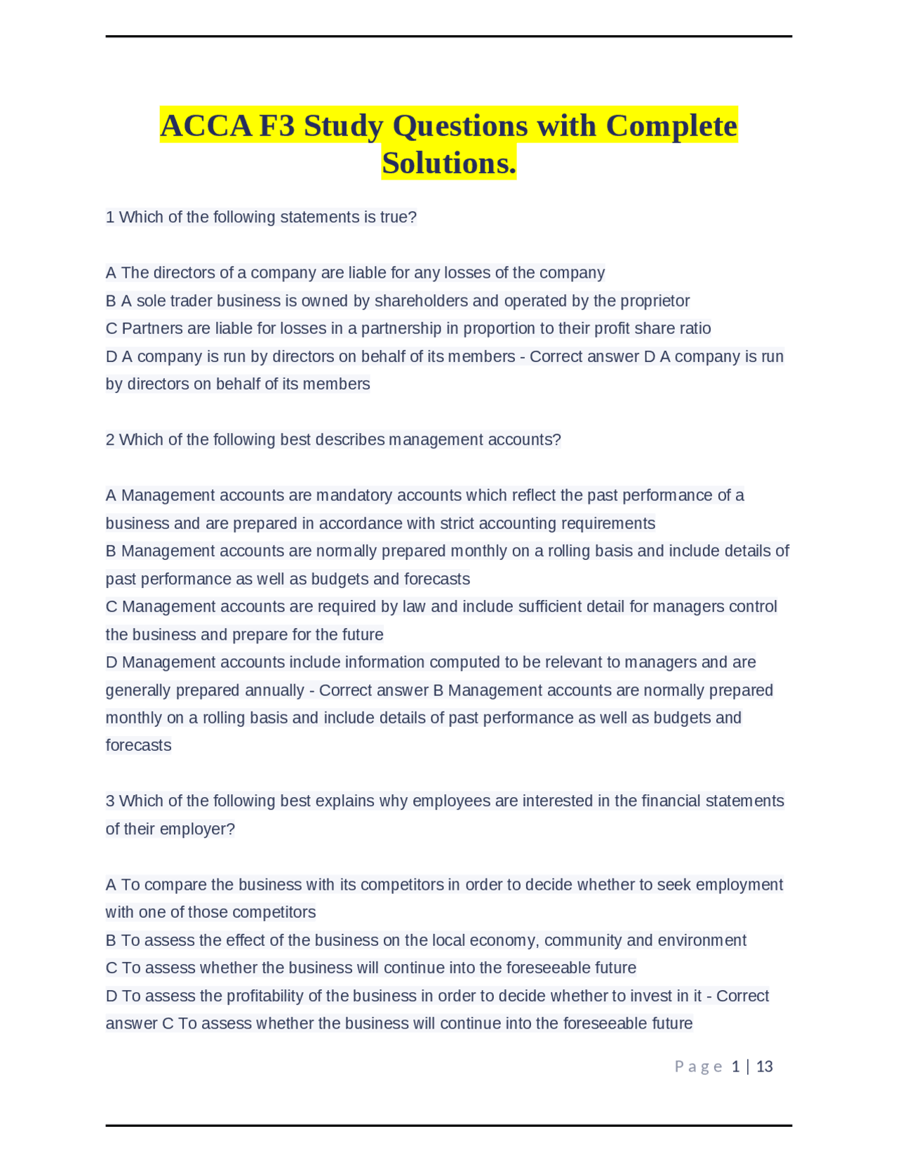 ACCA F3 Study Questions with Complete Solutions. | Exams Study of ...