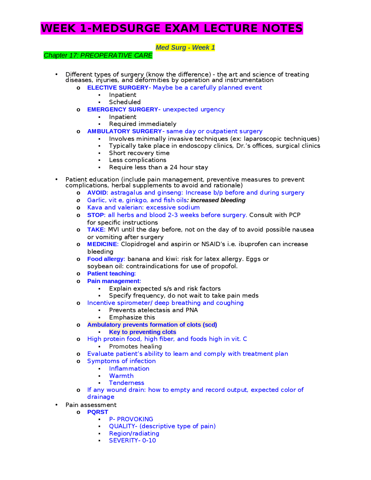 Med Surg Week 1 Lecture Notes | Exams Nursing | Docsity