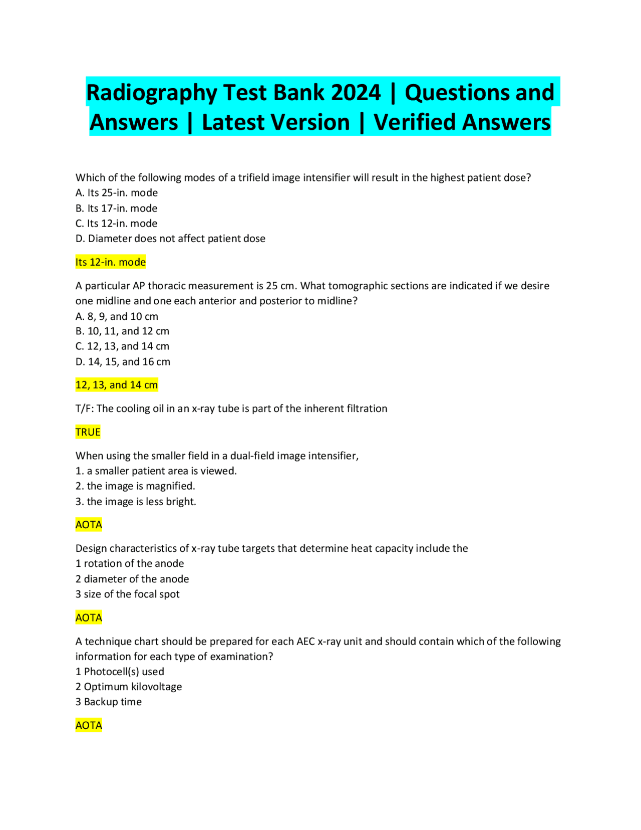 Radiography Test Bank 2024 Questions and Answers Latest Version
