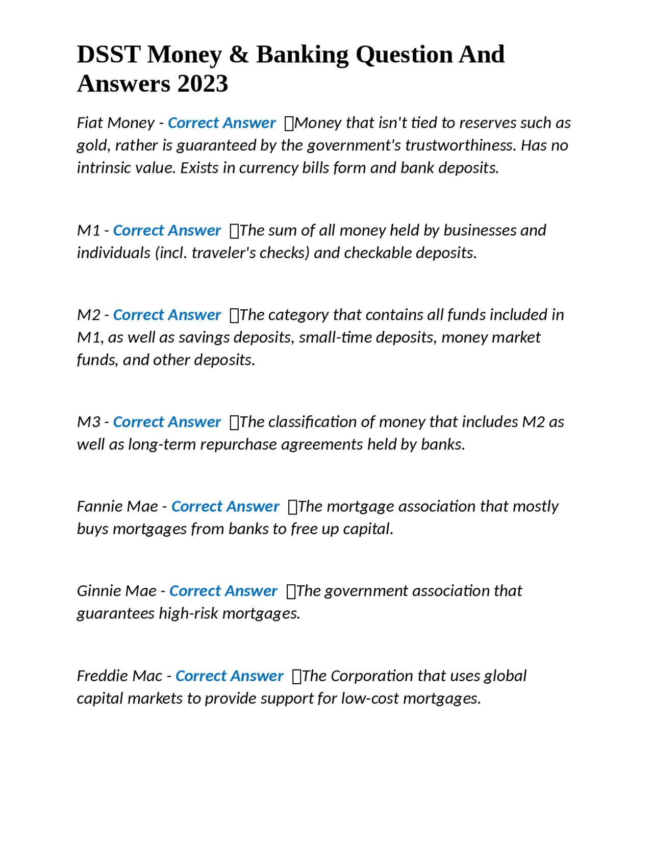 DSST Money & Banking Question And Answers 2023 Exams Nursing Docsity