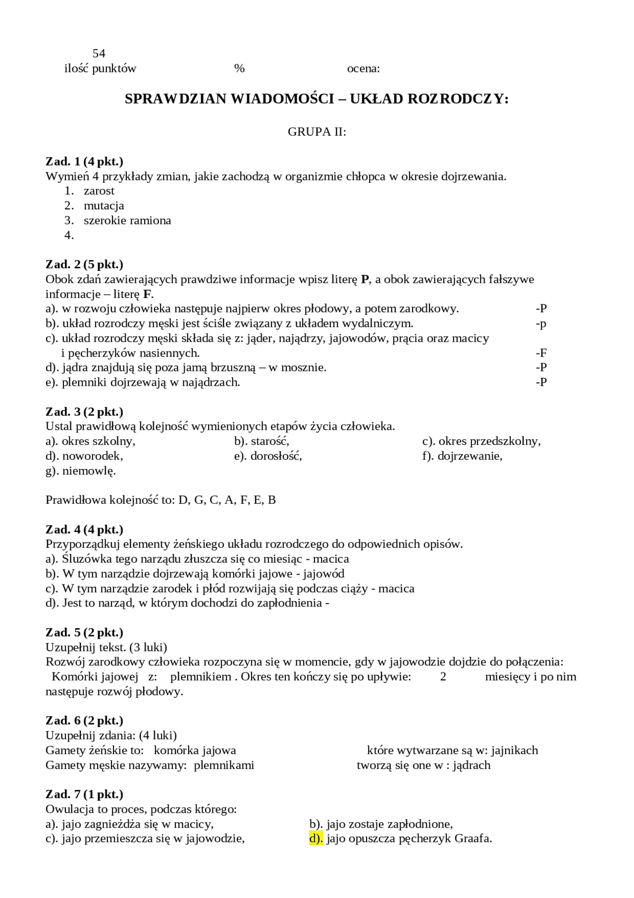 Układ Rozrodczy Klasa 7 Sprawdzian