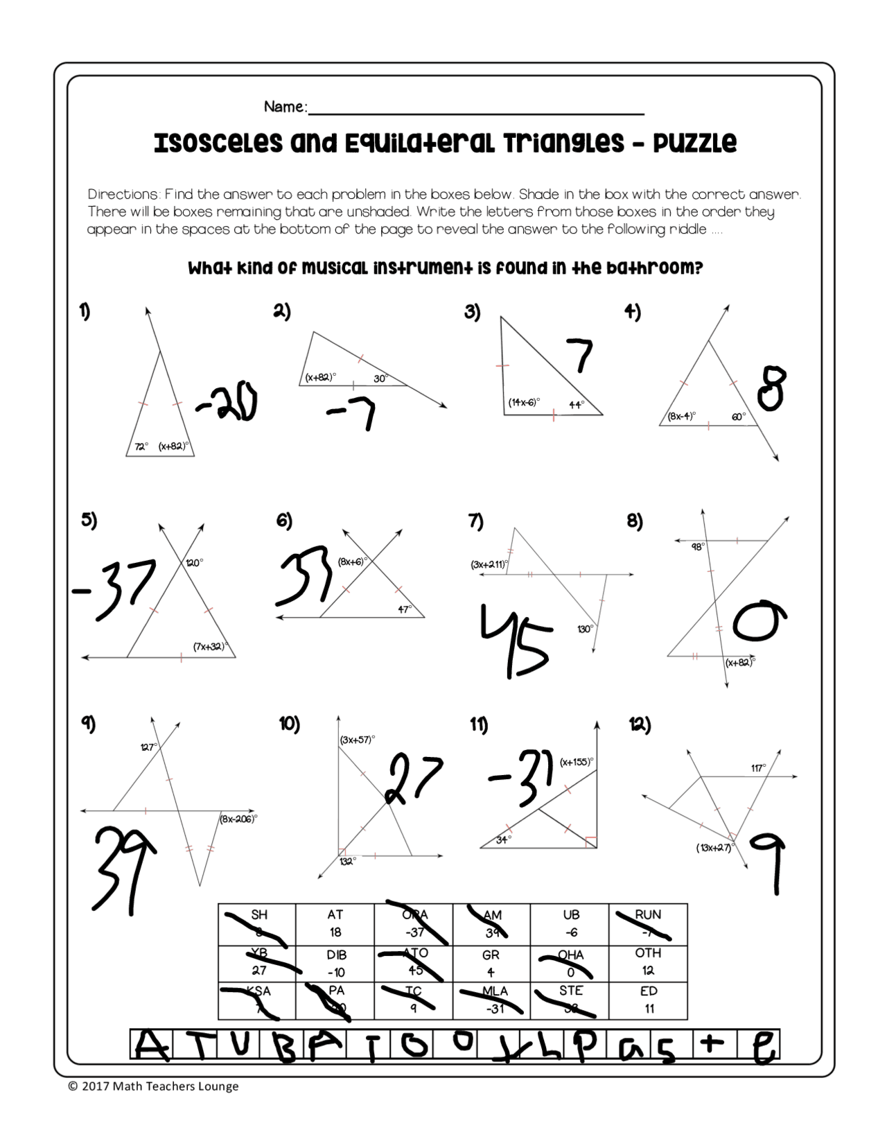 Isosceles and Equilateral Triangles - Riddle Worksheet and Maze ...