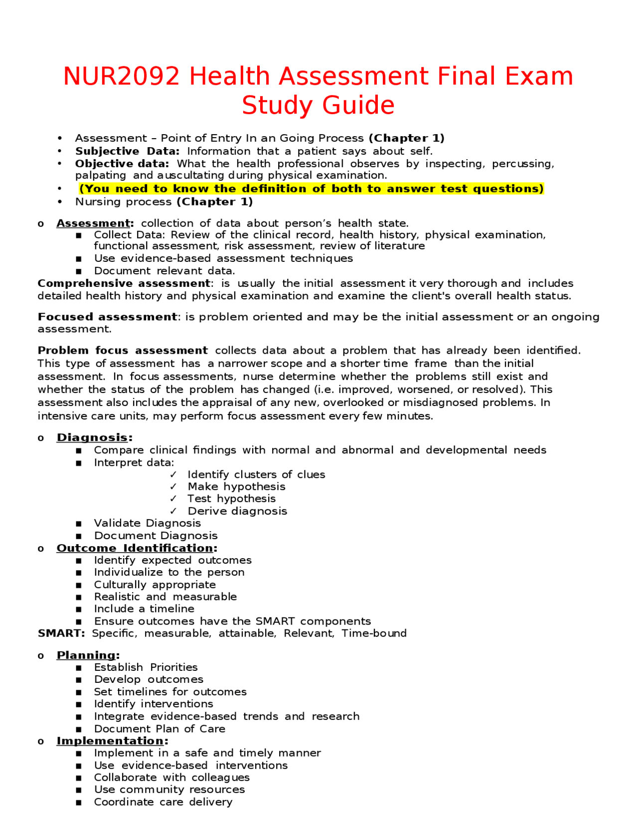 NUR2092 Health Assessment Final Exam Study Guide | Study Guides ...