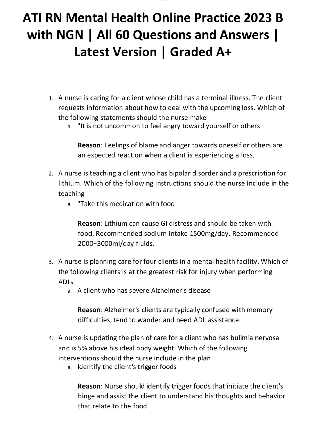 ATI RN Mental Health Online Practice 2023 B with NGN All 60 Questions