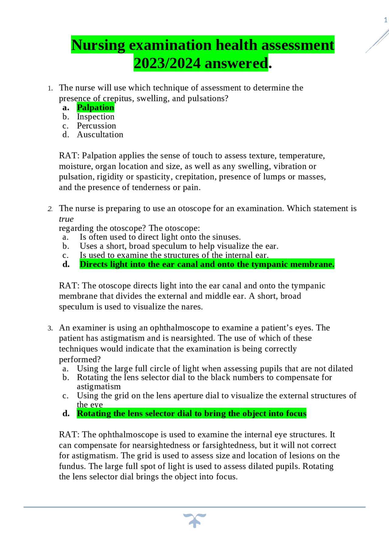 Nursing examination health assessment 2023/2024 answered. | Exams ...