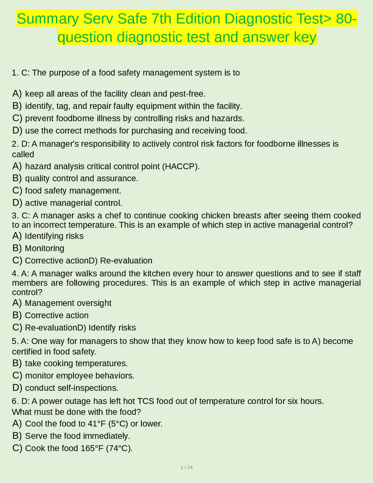 Summary Serv Safe 7th Edition Diagnostic Test> 80question diagnostic test and answer key