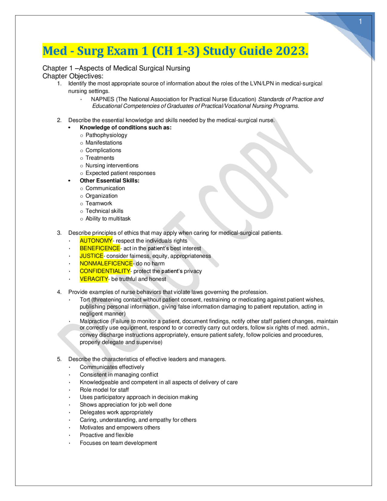 Med - Surg Exam 1 (CH 1-3) Study Guide 2023. | Exams Nursing | Docsity