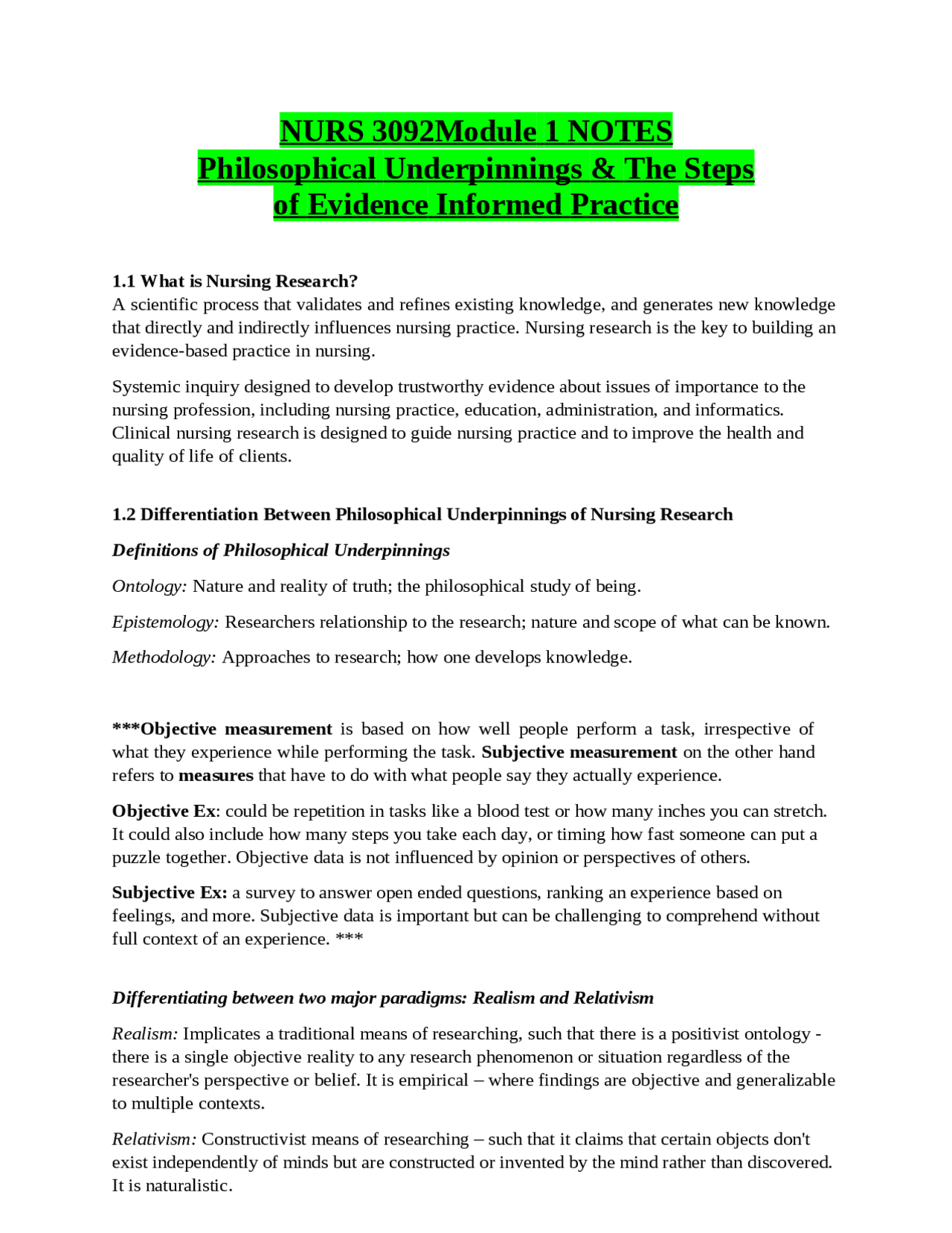 NURS 3092Module 1 NOTES Philosophical Underpinnings & The Steps of ...