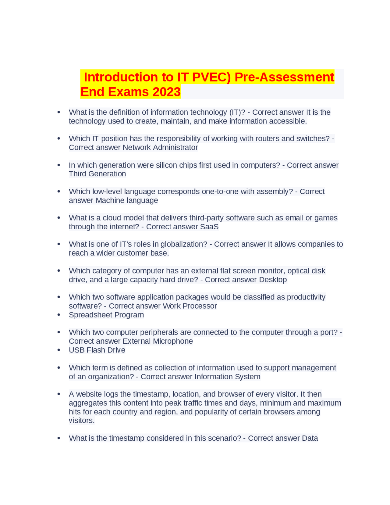 Introduction to IT PVEC) Pre-Assessment End Exams 2023 | Exams ...