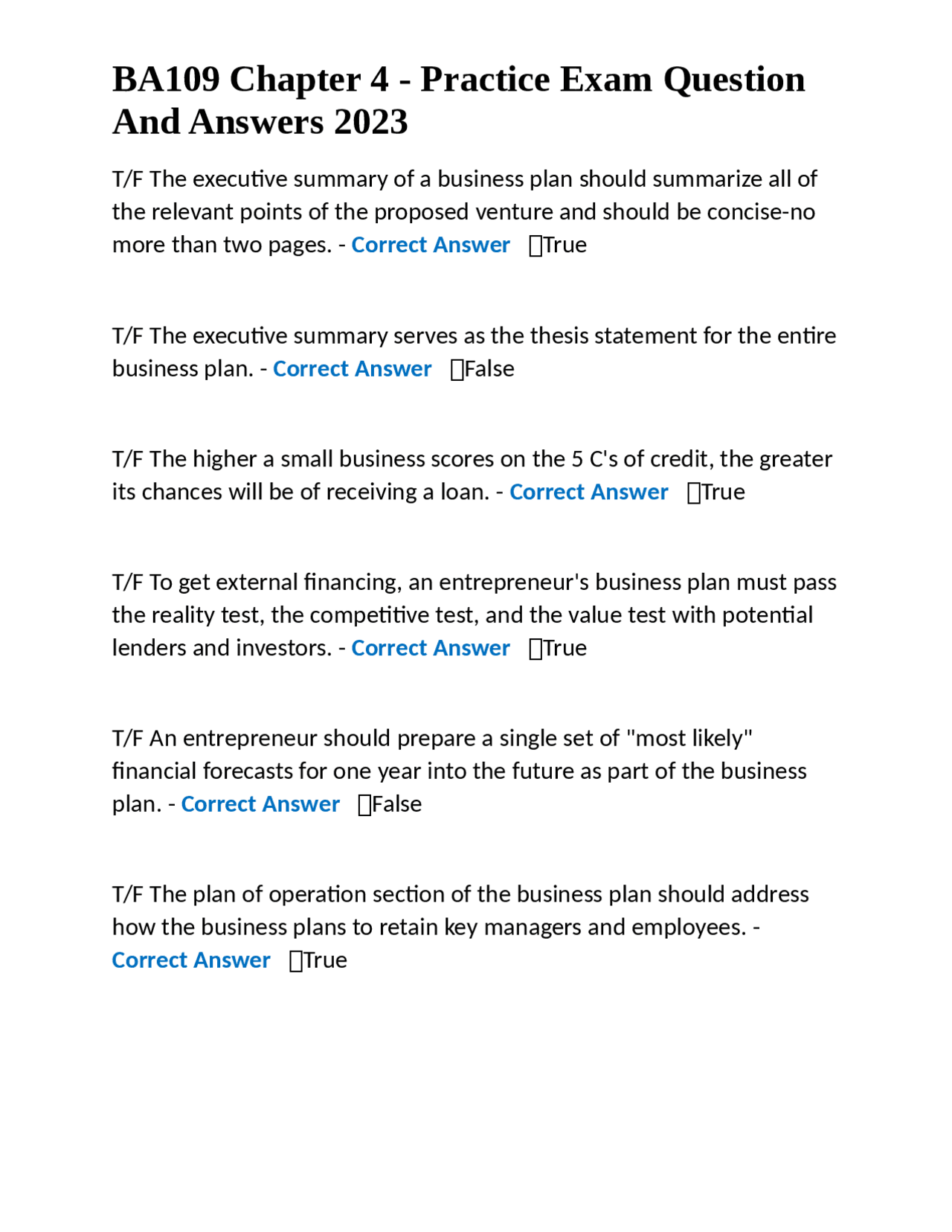 BA109 Chapter 4 Practice Exam Question And Answers 2023 Exams