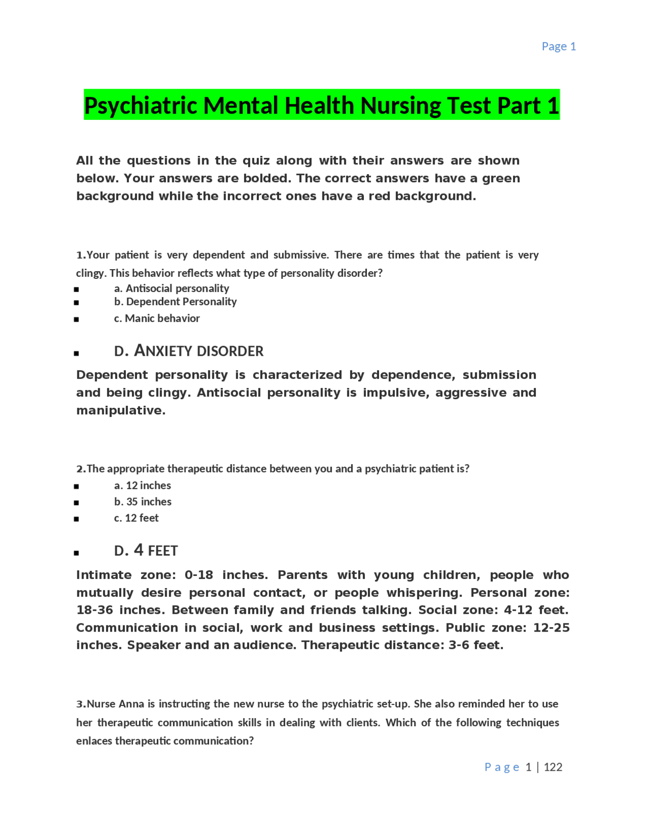 Psychiatric Mental Health Nursing Test Part 1 Exams Nursing Docsity