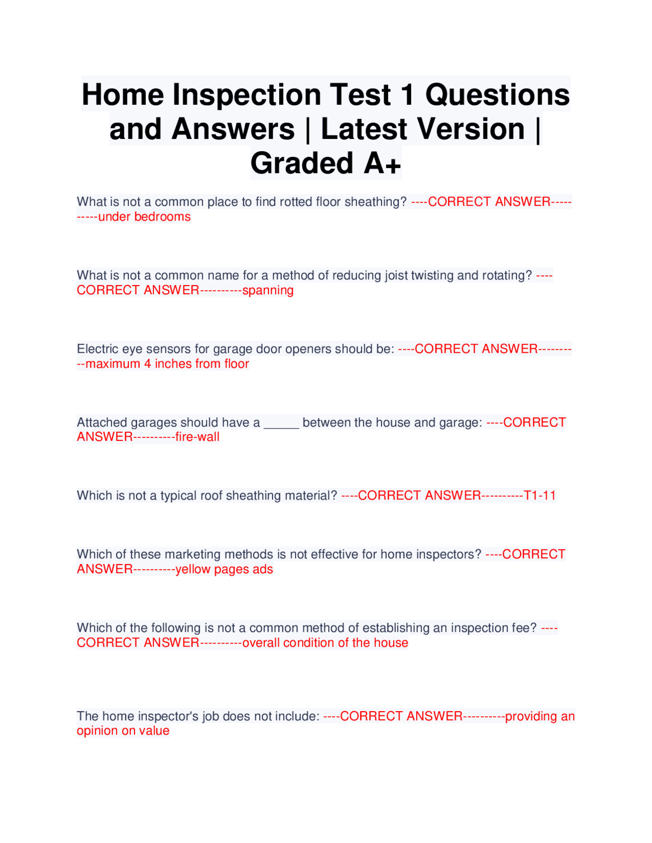 Home Inspection Test 1 Questions and Answers | Latest Version | Graded ...