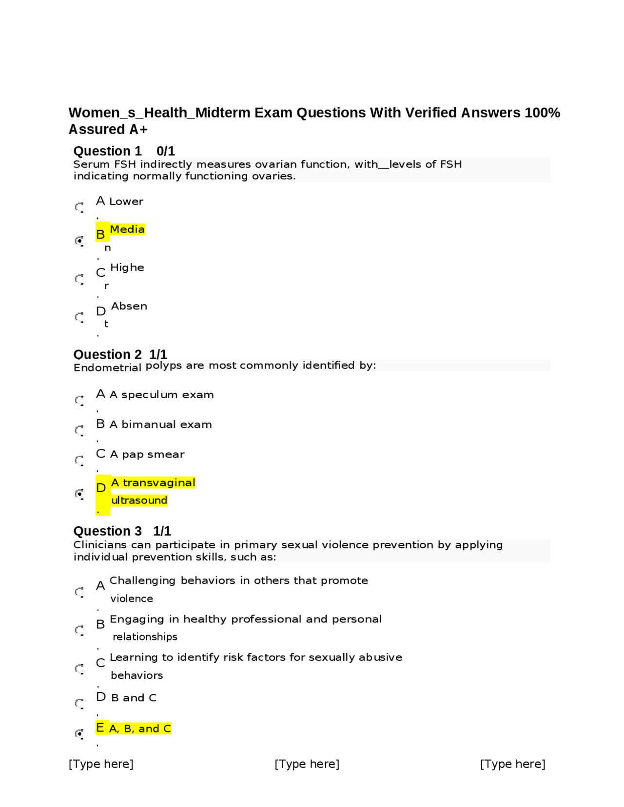 Women_s_Health_Midterm Exam Questions With Verified Answers 100