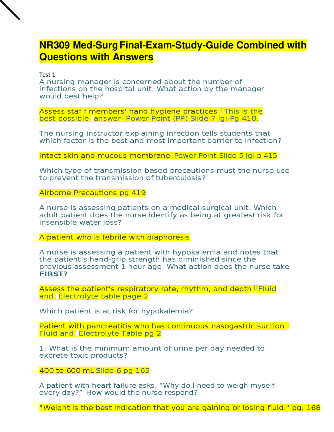Answer Study NR309 Med-Surg Final-Exam-Study-Guide Combined with Questions with ...