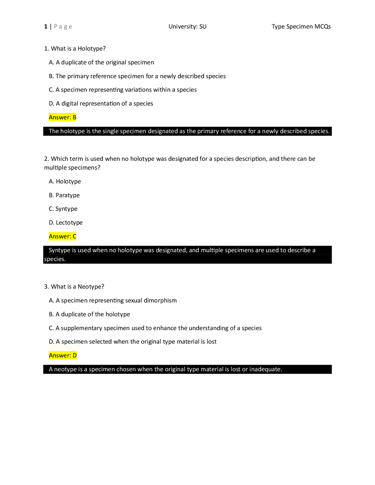 Type Specimen 100 MCQs With Define Answers (Taxonomy/Botany) Quizzes Plant Taxonomy and