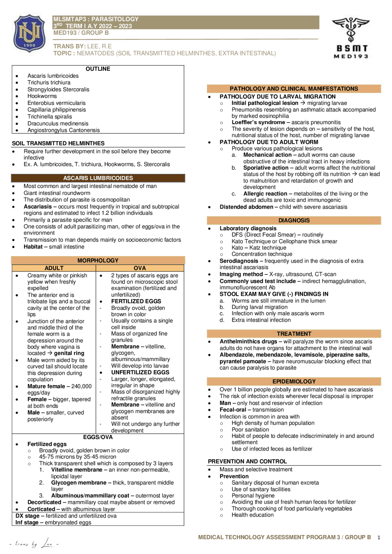 PARASITOLOGY (NEMATODES) | Study notes Parasitology | Docsity