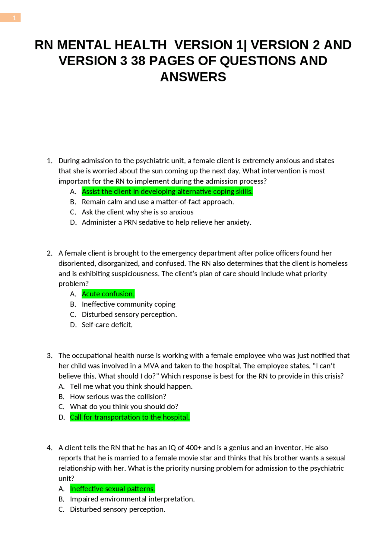 RN MENTAL HEALTH VERSION 1| VERSION 2 AND VERSION 3 38 PAGES OF ...