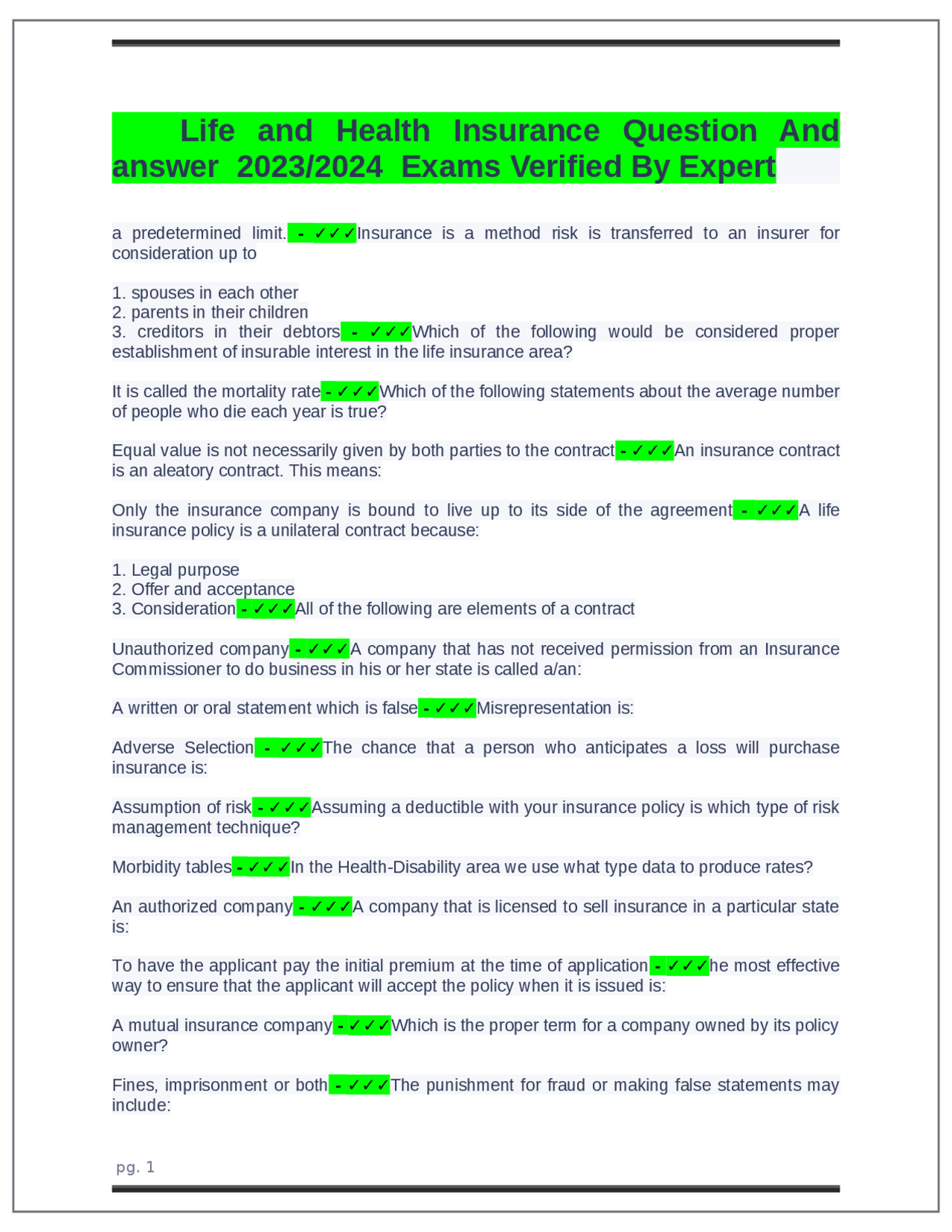 Life and Health Insurance Question And answer 2023/2024 Exams Verified ...