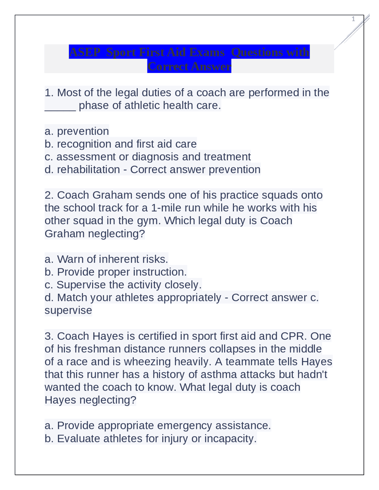 ASEP Sport First Aid Exam Questions with Correct Answers Exams