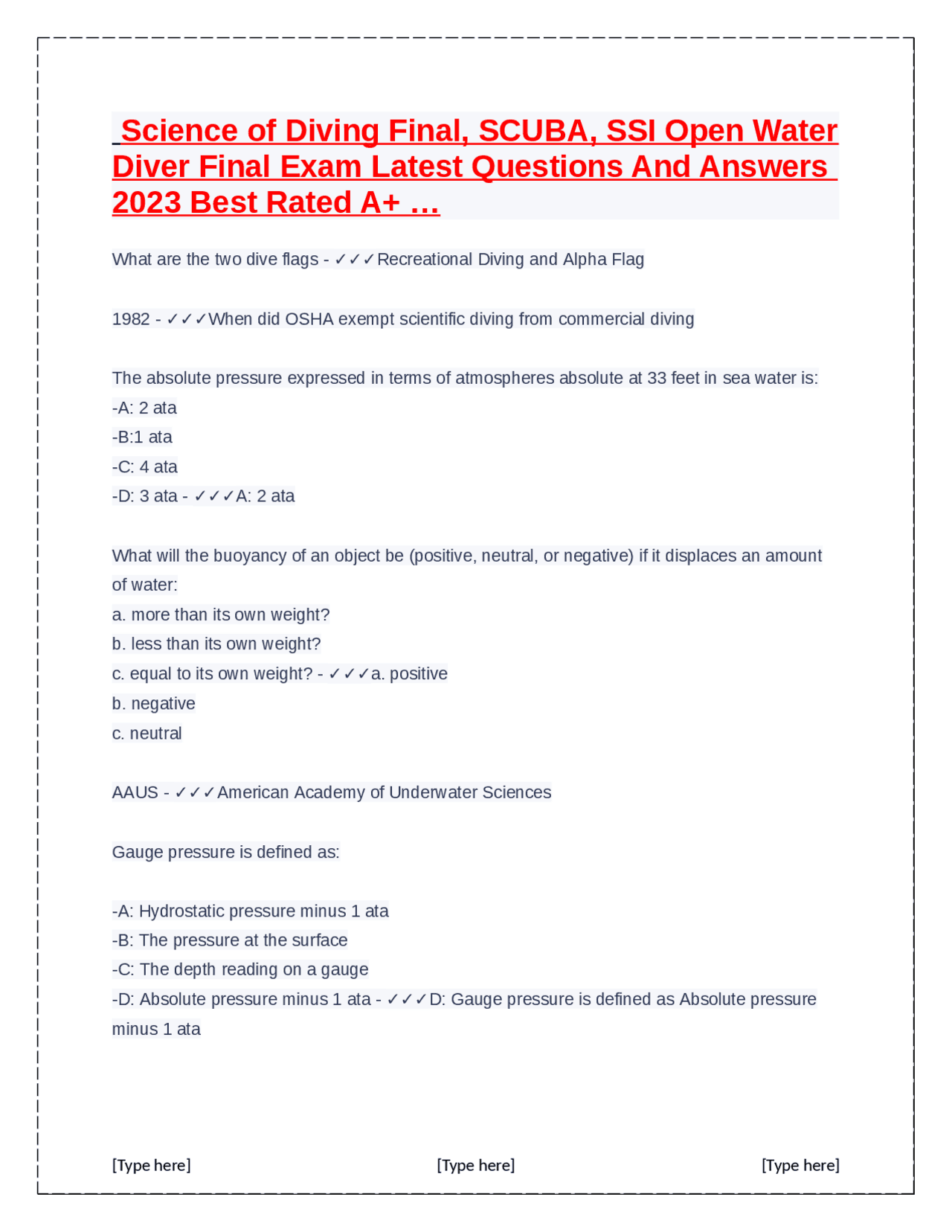 Science of Diving Final, SCUBA,SSI Open Water Diver Final Exam Quiz And