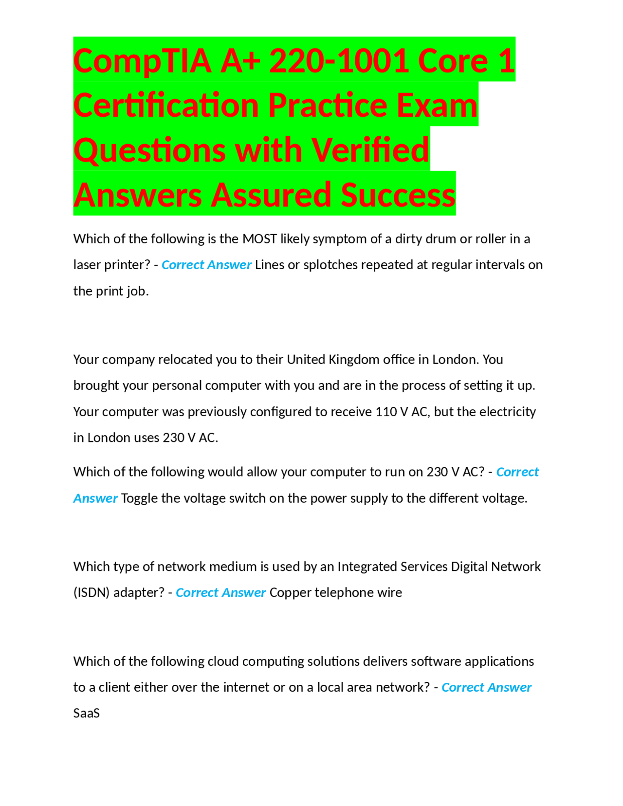 CompTIA A+ 220-1001 Core 1 Certification Practice Exam Questions with ...