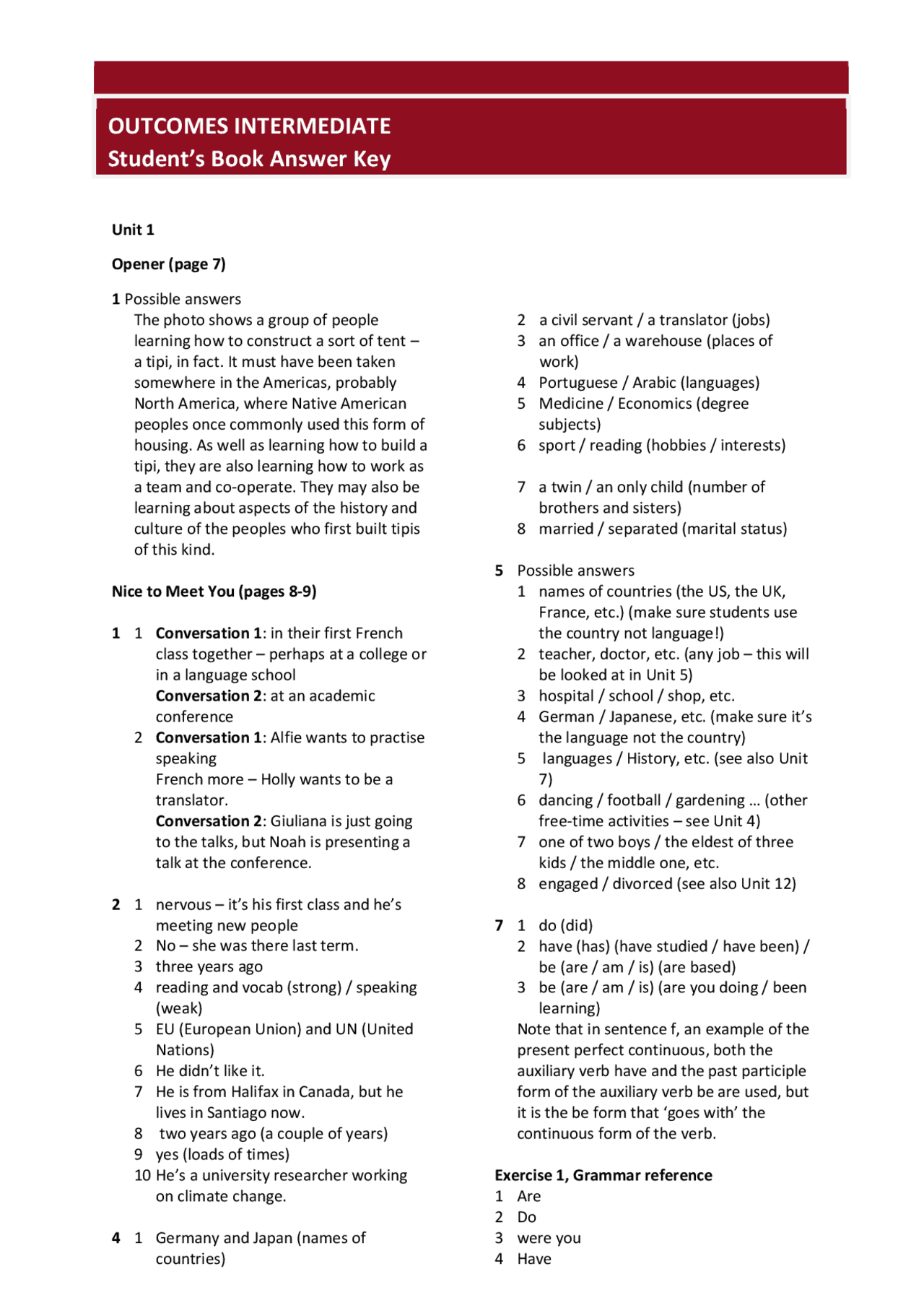 Answer Key- Outcames Intermediate Student's book | Study Guides ...
