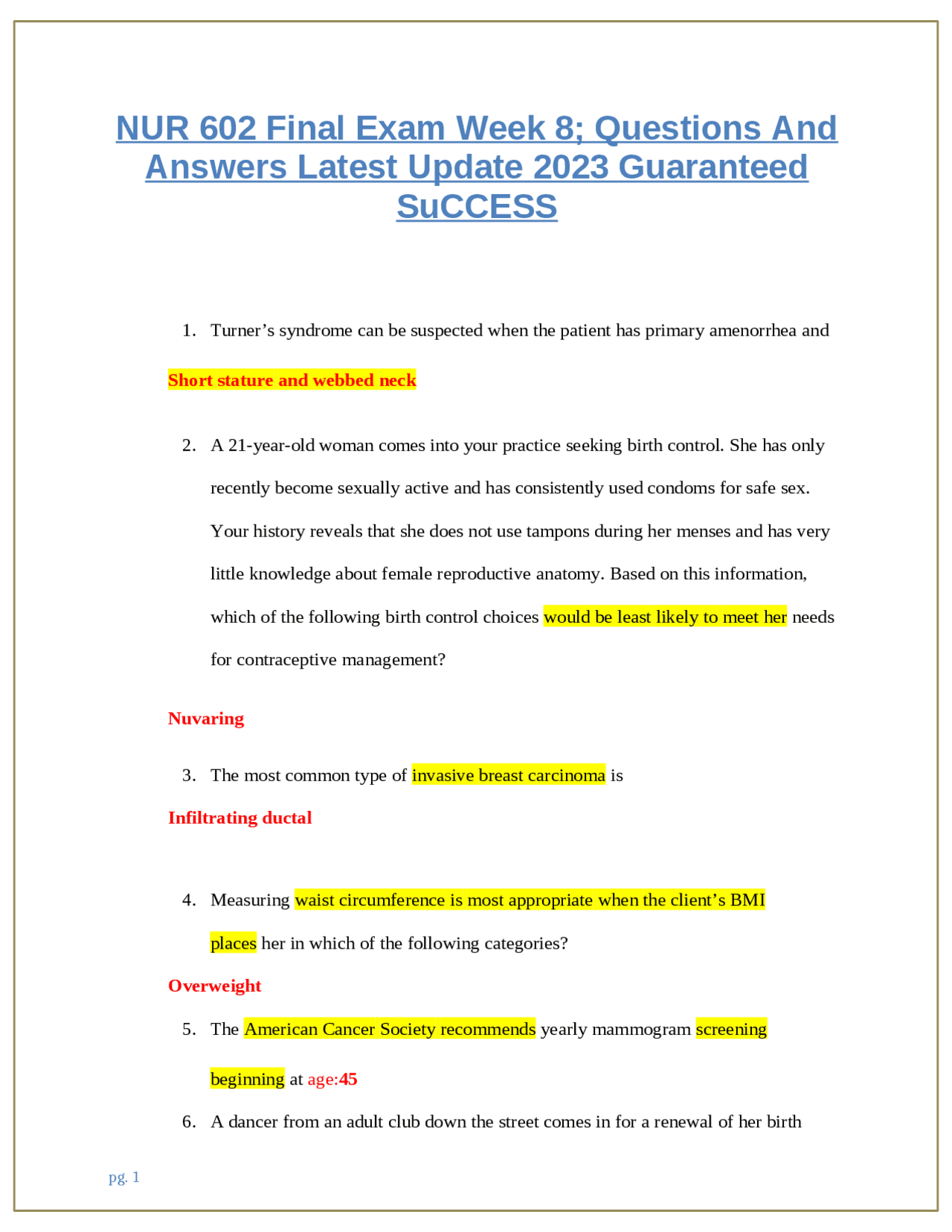 NUR 602 Final Exam Week 8; Questions And Answers Latest Update 2023 ...