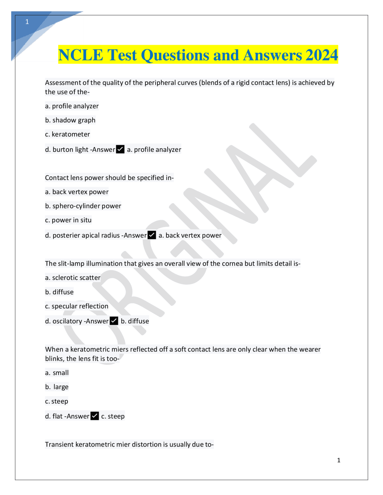 NCLE Test Questions and Answers 2024. | Exams Nursing | Docsity