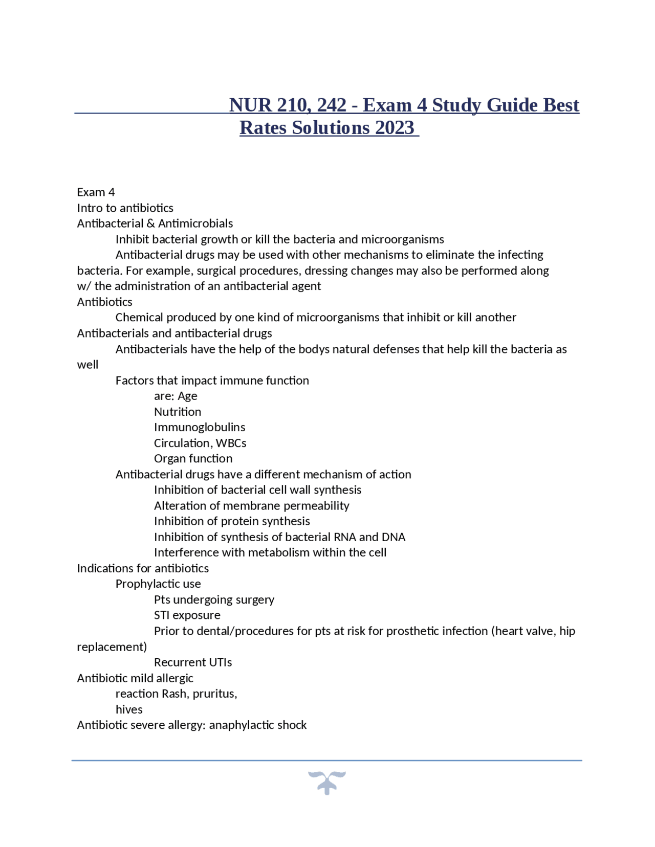 NUR 210, 242 - Exam 4 Study Guide Best Rates Solut | Exams Nursing ...