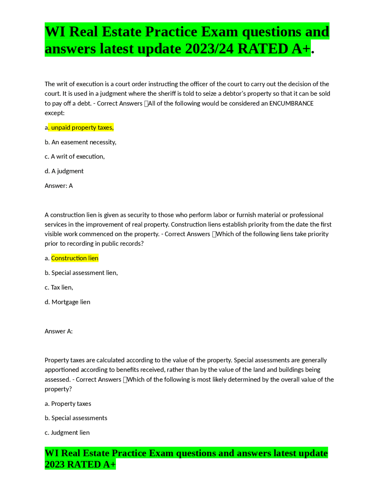WI Real Estate Practice Exam questions and answers latest update 2023/