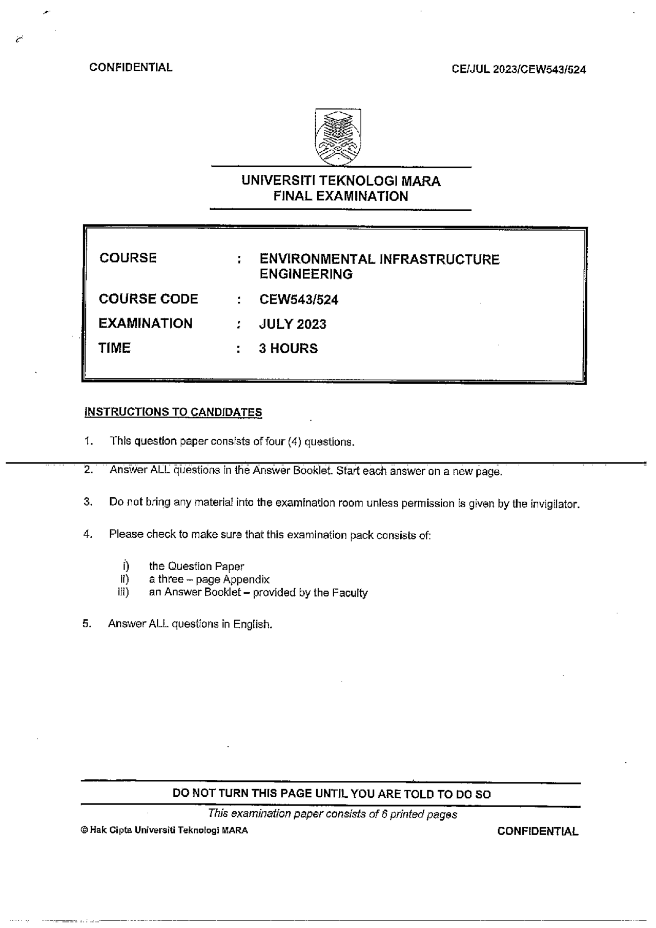 Past Year 2023 Environmental Engineering Exams Environmental