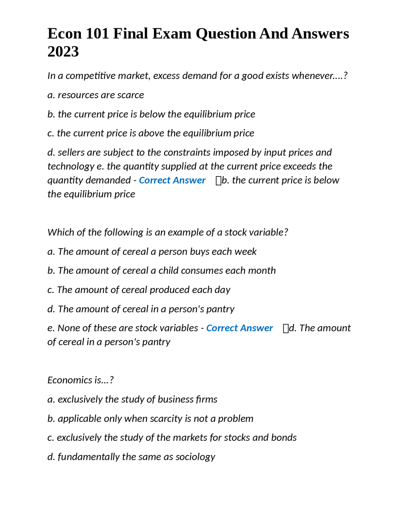 Econ 101 Final Exam Question And Answers 2023 | Exams Nursing | Docsity