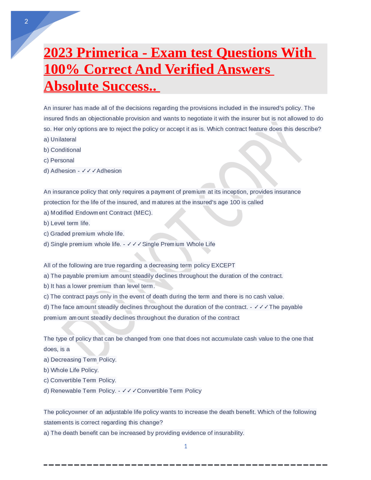 Primerica Exam test Questions With 100 Correct And Verified Answers