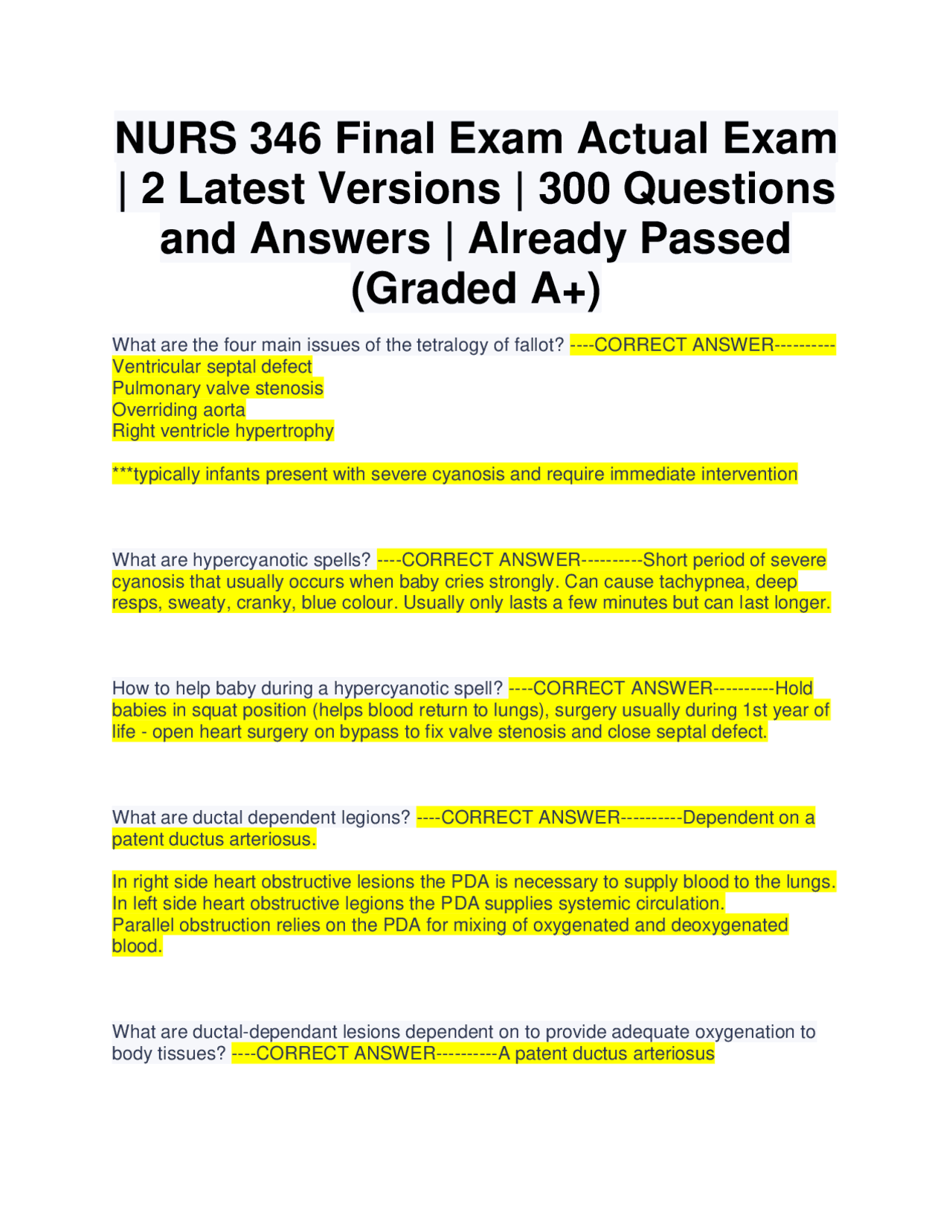 NURS 346 Final Exam Actual Exam | 2 Latest Versions | 300 Questions and ...