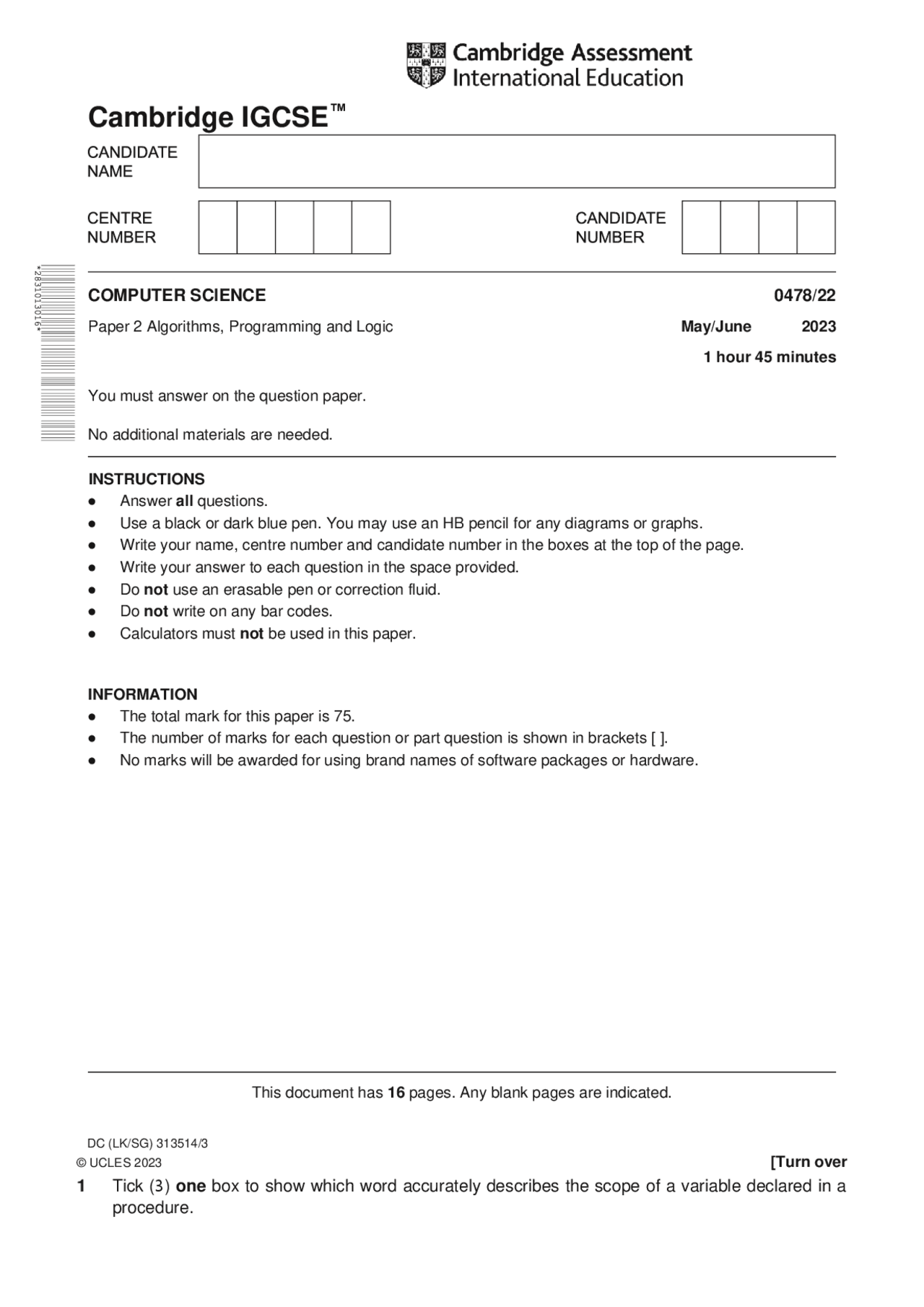 Cambridge IGCSE Computer Science Paper 2 Algorithms, Programming and ...