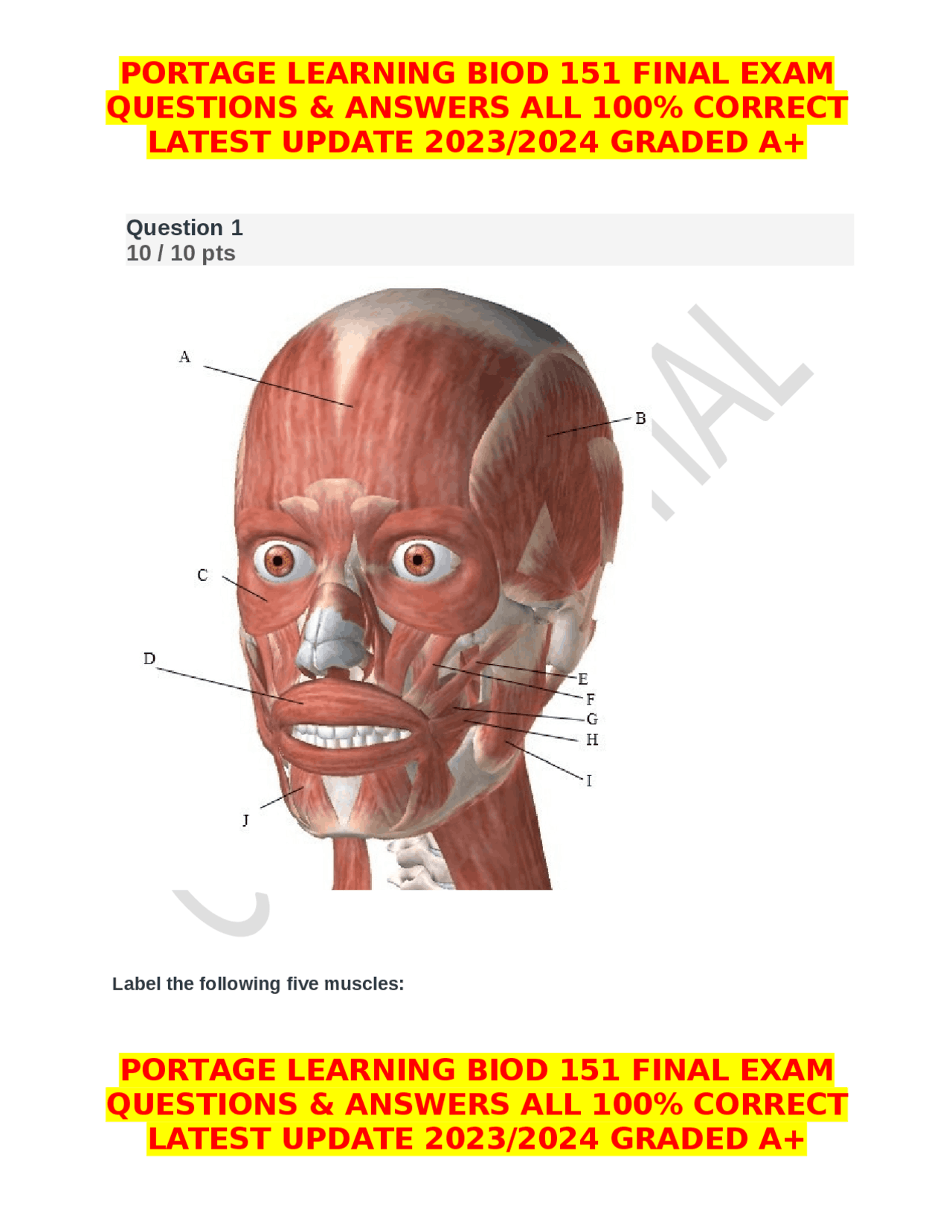 PORTAGE LEARNING BIOD 151 FINAL EXAM QUESTIONS & ANSWERS ALL 100% ...