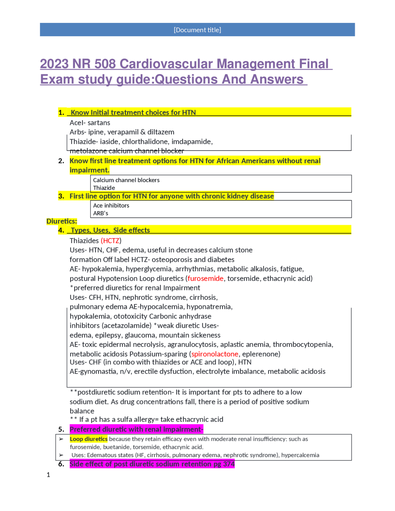 NR 508 Cardiovascular Management Final Exam study guide | Exams Nursing ...
