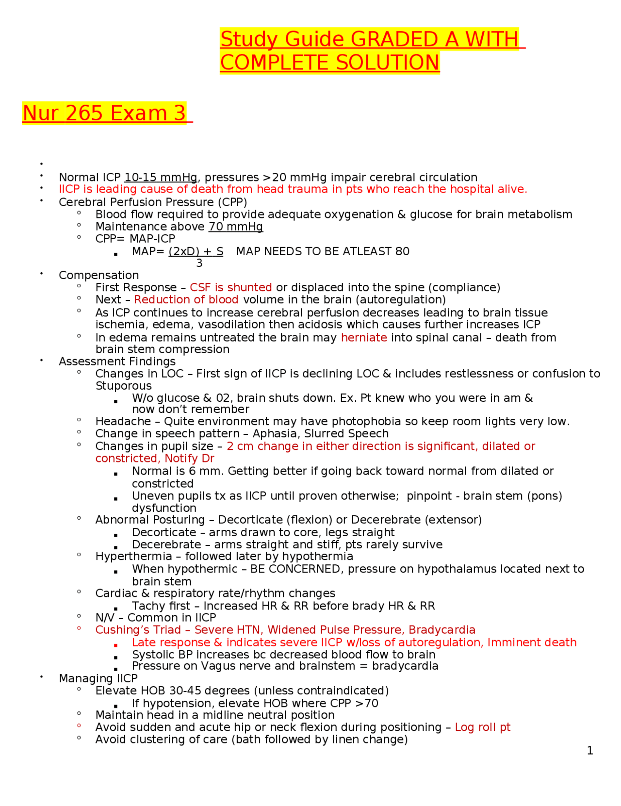 Nur 265 Exam 3 Study Guide GRADED A WITH COMPLETE SOLUTION | Exams ...