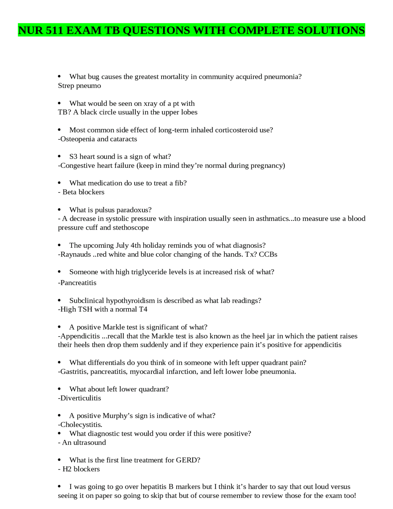 NUR 511 EXAM TB QUESTIONS WITH COMPLETE SOLUTIONS | Exams Nursing | Docsity