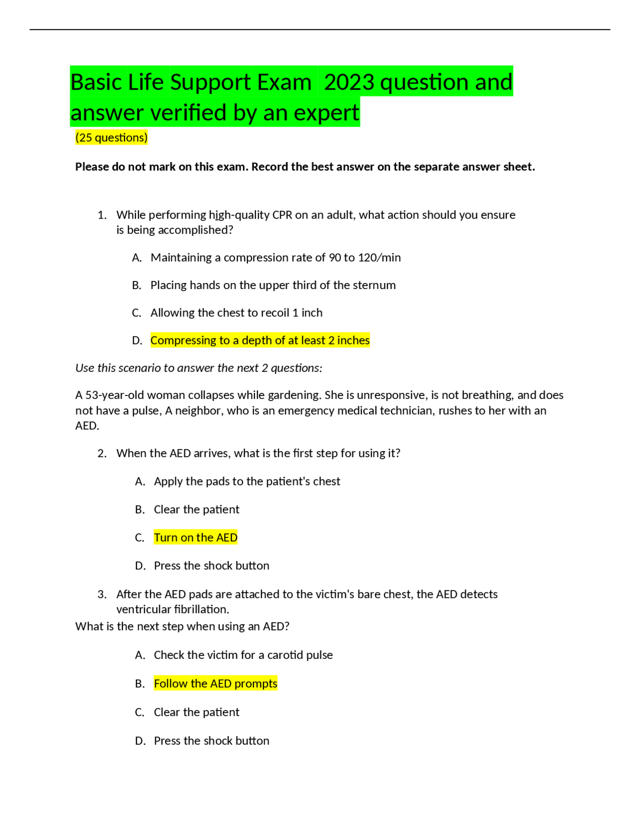 Basic Life Support Exam 2023 question and answer verified by an expert ...