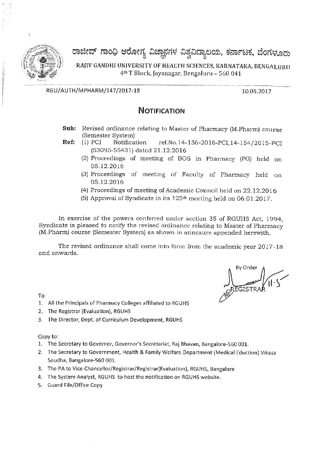 Revised Regulations for the Master of Pharmacy Degree Program Exams