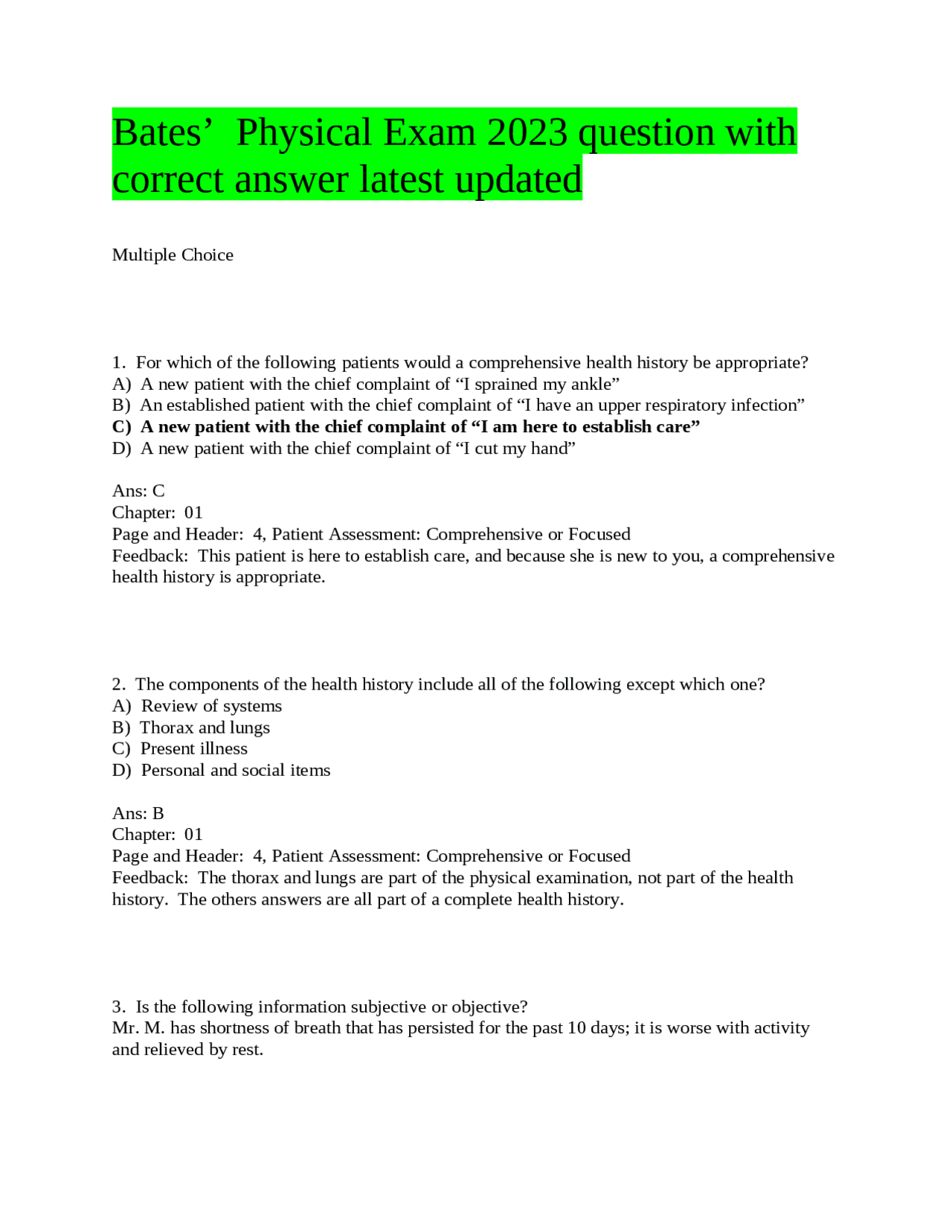 Bates’ Physical Exam 2023 question with correct answer latest updated