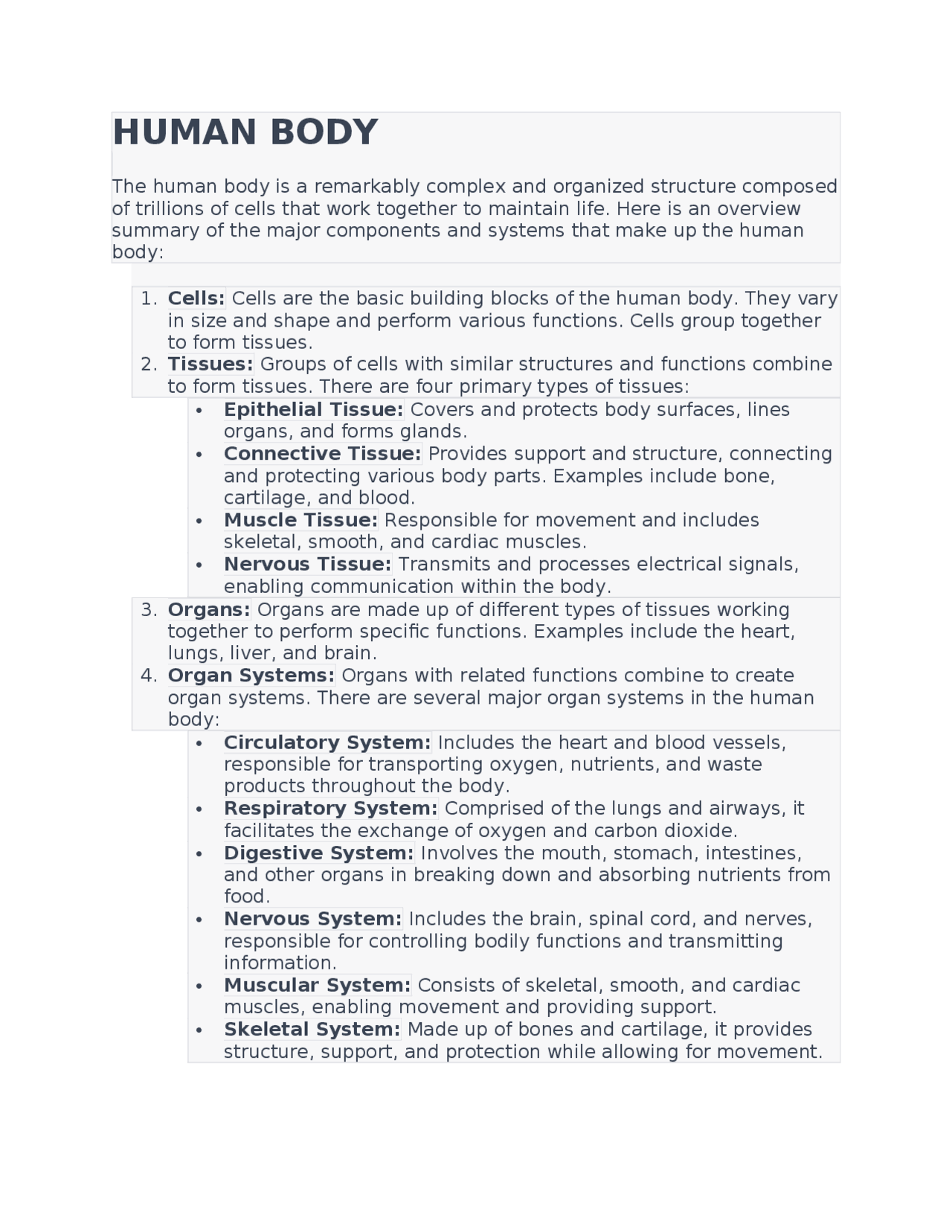 Human Body Lecture Notes Compilation | Lecture notes Biology | Docsity