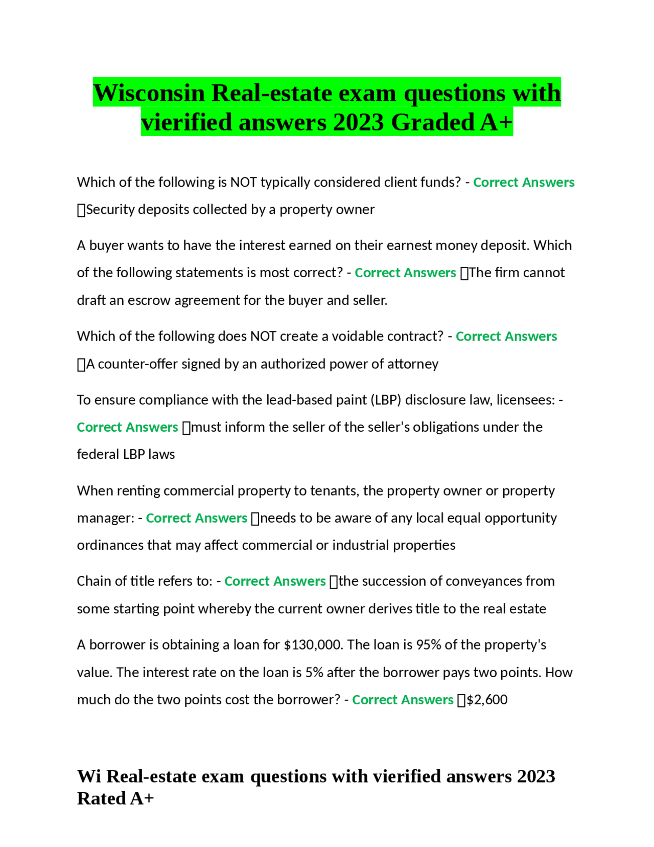 Wisconsin Realestate exam questions with vierified answers 2023 Graded