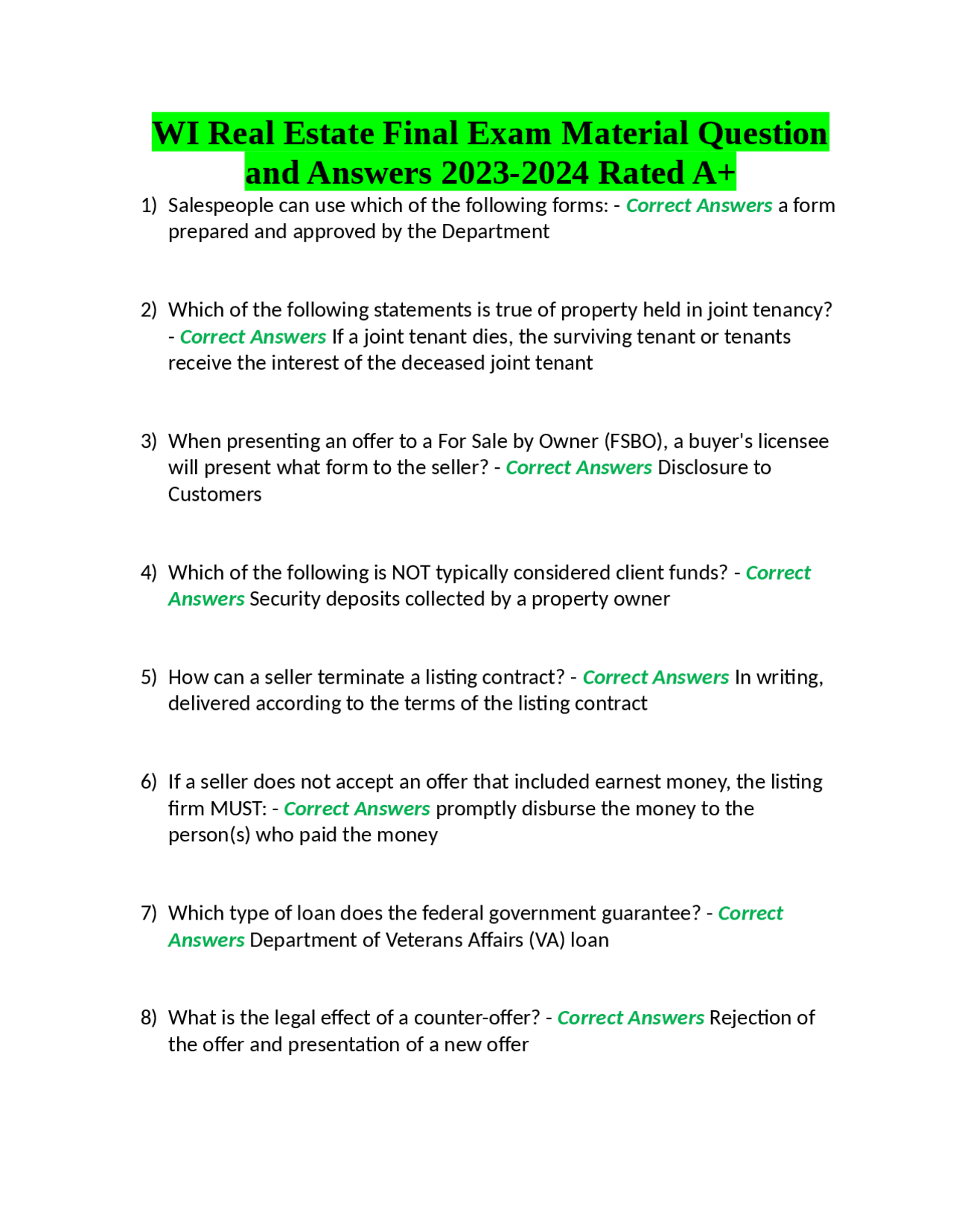 WI Real Estate Final Exam Material Question and Answers 20232024