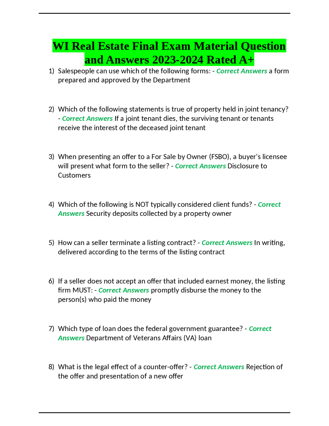 WI Real Estate Final Exam Material Question and Answers 20232024